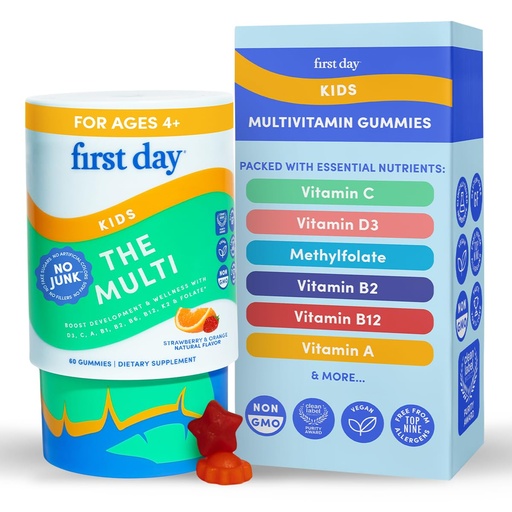 [BRSRGGIPC4CGMFIZ] FIRST DAY Kids Multivitamin Gummies Age 4+, Strawberry & Orange - Kids Vitamins Multivitamin Gummy A C D3 K2 B1 B2 B6 B12 Folate, Immunity & Brain Function, Vegan - 30 Day Supply, Packaging May Vary