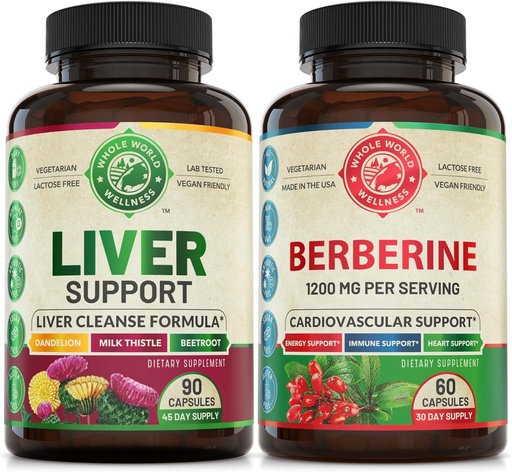 [BRSROBI2AF4GA3DX] Liver Cleanse Detox Repair Formula and Premium Berberine Bundle (one Bottle Each). Supports Liver Health, Cardiovascular Health, Energy Boost, Metabolic Function. USA Made.