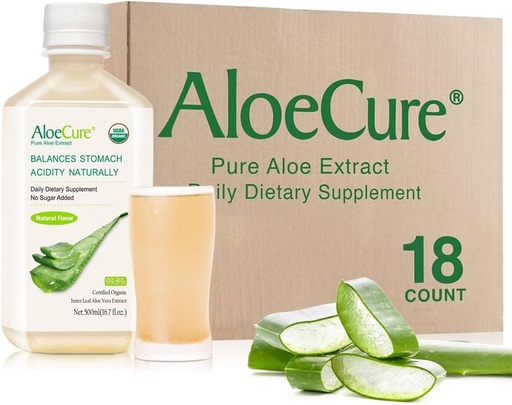 [BRSW2Z3QB55GC2AZ] AloeCure USDA Organic Aloe Vera Juice Készült 12 óra szüret - Pure Aloe Juice Natural Digestive Supplement to Support Digestion, Immunrendszer és kiegyensúlyozott gyomor savasság, 18 x 500ml palackok