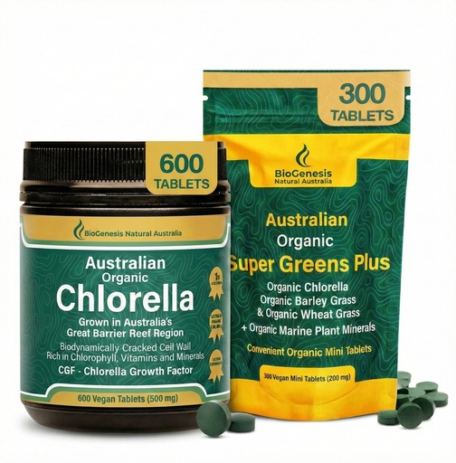 [BRSRGGL2PMPQACYY] Biogenesis Complete Alkalizing Duo: Organic Chlorella (500mg) & SuperGreens Plus (Wheatgrass, Barley Grass) – 600 Total Tablets – BioDynamic Cracked Cell Wall, Vegan Green Superfood for Energy, Detox