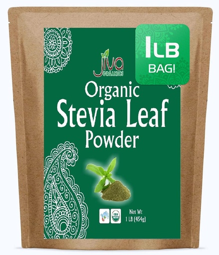 [BRSRMBICAAHWCHTD] Jiva Organics Natural Unprocessed Stevia Leaf Powder 1 Pound Bulk Kraft Bag - Product of India - Green Color, Original Stevia Leaf Ground with no additives