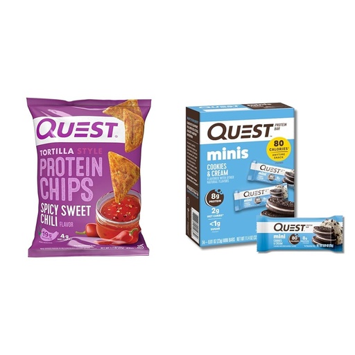 [BRSRAYY3OACBACTK] Quest Spicy Sweet Chili Tortilla Chips & Mini Cookies & Cream Protein Bars Bundle (12 Count, 14 Count)
