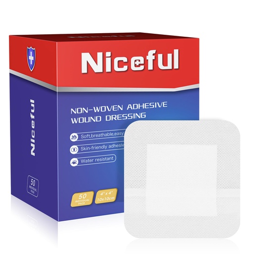 [BRSRMBL3CIHBUALP] Niceful 50 Count Adhesive Gauze Island Dressing 4" x 4", Water-Resistant Wound Dressing Bandages, Sterile & Absorbent Medical Grade Adhesive Pads, First Aid Pads FSA Eligible