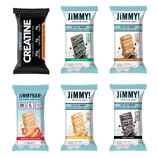 [BRSRGGDROV4GK3TX] JiMMY! Protein Bar, 12 Count - High Performance Energy Bar with Caffeine and Turmeric, Low Sugar, 25g of Protein, High Protein | Variety Pack 12ct