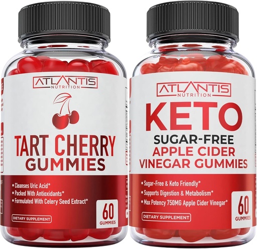 [BRSROZY6OUDQMELV] Atlantis Nutrition Tart Cherry 60 Gummies + Sugar Free Keto Apple Cider Vinegar 60 Gummies