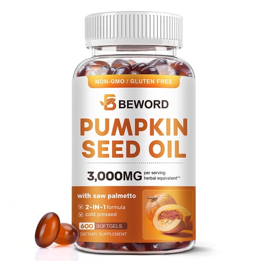[BRSREFQOOIGWE23X] Pumpkin Seed Oil with Saw Palmetto Softgels, 3000mg Per Serving, 600 Softgels | Cold-Pressed with Essential Fatty Acids & Phytosterols | Supports Hair, Urinary, Bladder & Prostate Health | Non-GMO