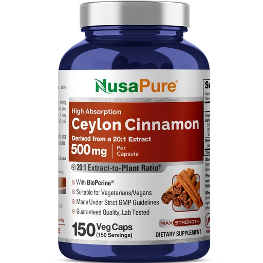 [BRSWYHTYPMPRSEL5] NusaPure Ceylon Cinnamon, 500 mg, 150 Veg Capsules (Non-GMO, Vegan)