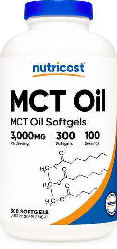 [BRSWGA33OAOREYLH] Nutricost MCT Oil Softgels 1000mg, 300 SFG (3,000mg Serv) - Great for Keto, Ketosis, and Ketogenic Diets