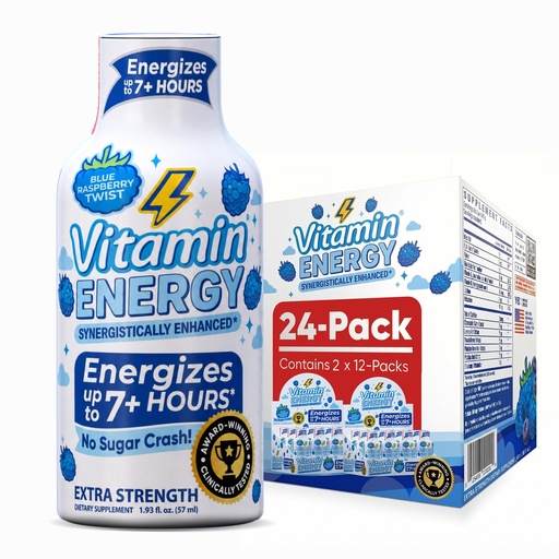 [BRSRAAY6CR7GM33X] Vitamin Energy Blue Raspberry Twist Extra Strength Energy Shot, 24 Pack - Up to 7 Hrs, 260mg Natural Caffeine, Zero Sugar - Electrolytes + BCAAs, Hydration, B12 B6 Niacin, 1.93 fl oz, Keto Vegan