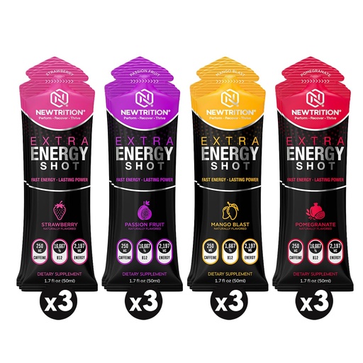 [BRSRGZD3CJ7QYDT4] NewTrition® Extra Strength Energy Shots 1.7 fl oz - 250mg Caffeine with B Vitamins & Amino Acids, Sugar-Free Zero Calorie Vitamin Energy Drink for Focus & Endurance (Pack of 12, 4 Flavors - Mixed 3)