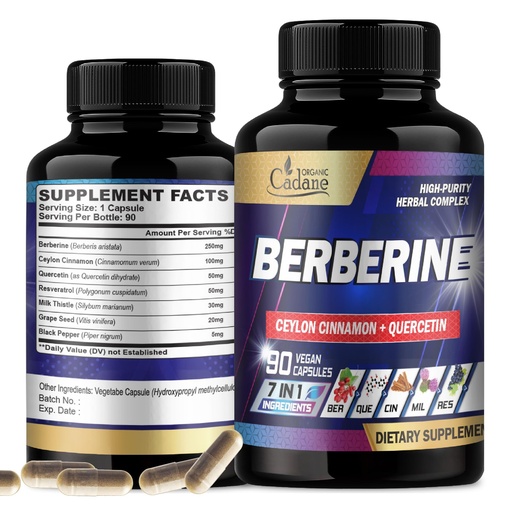[BRSRO2QHBN6W2YDH] Organic Cadane Berberine Supplement with Ceylon Cinnamon, Quercetin, Black Pepper & More - Supports Heart, Digestive, Body & Immune - 90 Capsules for 3 Months