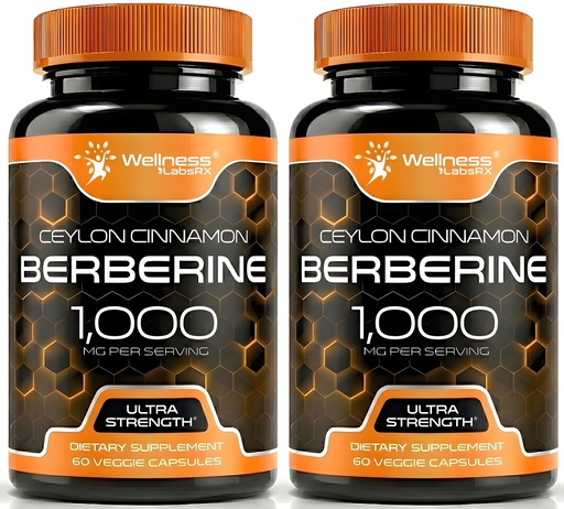 [BRSROAIODNYA22DD] WELLNESS LABSRX Berberine 1,000mg - Third-Party Tested Berberine Supplement HCL with Ceylon Cinnamon, Black Pepper Extract and Apple Cider Vinegar, Heart Support Capsules - 240 Capsules - Pack of 2