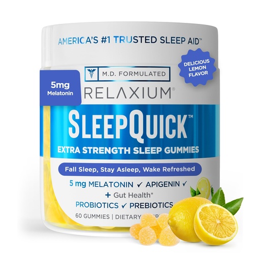 [BRSRMBQTPMMBEA3K] Relaxium SleepQuick Gummies - Sleep Aid + Gut Health & Immune Support, 5 mg Melatonin, Vitamin D-3 + Prebiotic & Probiotic Blend, Gluten & Drug Free, Lemon Flavor, 60 Gummies