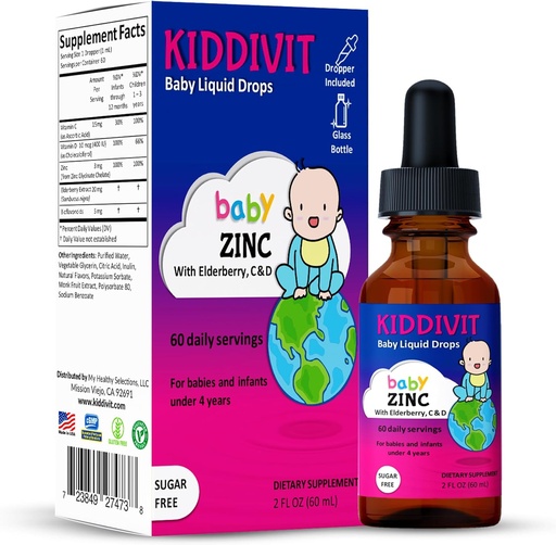 [BRSWY2T7OYBGECTK] Kiddivit Baby Zinc Liquid Drops with Elderberry, Vitamin D3 & C – Gentle Immune Support Supplement – 60 Daily Servings, Inulin Fortified Prebiotic Fiber – Sugar Free, Gluten Free, Vegetarian, 2oz