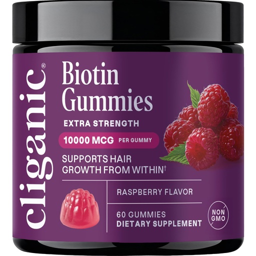 [BRSRGAAKAUCR6CI6] Cliganic Biotin Gummies Extra Strength – 10,000 mcg Biotin per Gummy, Raspberry Flavored Supplement for Men & Women, Non-GMO, Supports Hair Growth and Strong, Healthy Hair, Nails & Skin, 60 Count