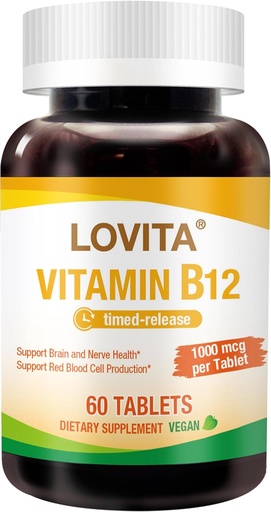 [BRSWG2YDCF4GG3I4] Lovita Vitamin B12 1000 mcg (B12 Vitamins as Cyanocobalamin), Timed Release B12, Vegan-Friendly, Supports Nervous System, 60 Vegetarian Tablets (2 Month Supply)