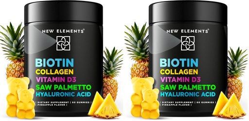 [BRSREAIKCEIQ2FDA] Biotin Gummies with Collagen Vitamin D3 Saw Palmetto & Hyaluronic Acid for Hair Skin and Nails, Hair Growth Supplement for Men & Women | Non-GMO | Gluten-Free | Natural Pineapple Flavor (Pack of 2)