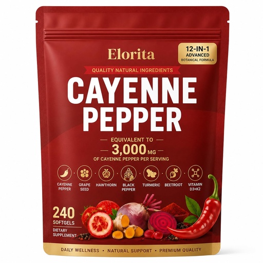 [BRSRYZAZCV5RGEYU] Cayenne Pepper Softgels - 12-in-1 Capsaicin Supplements, with Vitamin D3 & K2, Turmeric, Hawthorn, Beetroot, Black Pepper Extract, Vegan, Gluten-Free, Non-GMO, 240 Softgels (1PCS)