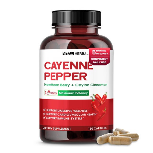 [BRSREYIKBMBBY3TZ] Vital Herbal Cayenne Pepper with Hawthorn Berry & Ceylon Cinnamon – Supports Digestion & Immune Health – 150 Capsules