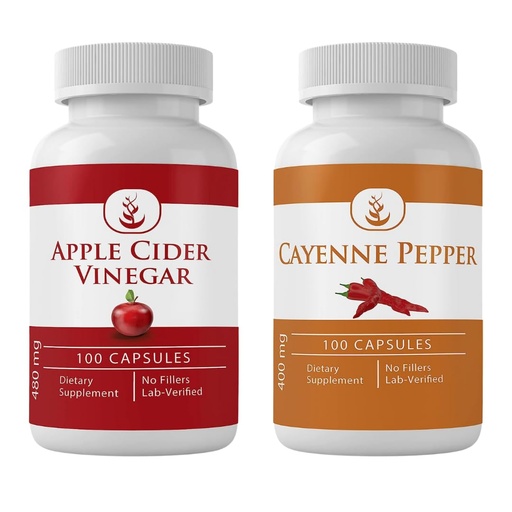 [BRSROZIBDMARE3LL] PURE ORIGINAL INGREDIENTS Cayenne Pepper & Apple Cider Vinegar Capsule Bundle (100 Capsules Each) No Additives or Fillers, Lab Verified