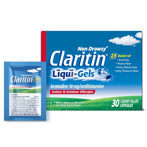 [BRSRGYYTB4HQAFLD] Claritin Allergy Medicine for Adults, 24-Hour Non-Drowsy Loratadine 10mg, Antihistamine, 30 Liquid Gels + 1ct On-The-Go Relief
