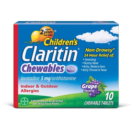 [BRSWIYYMCMMGOEQ3] Children's Claritin 24 Hour Non-Drowsy Allergy Grape Chewable Tablet, 5 mg, 10 Count