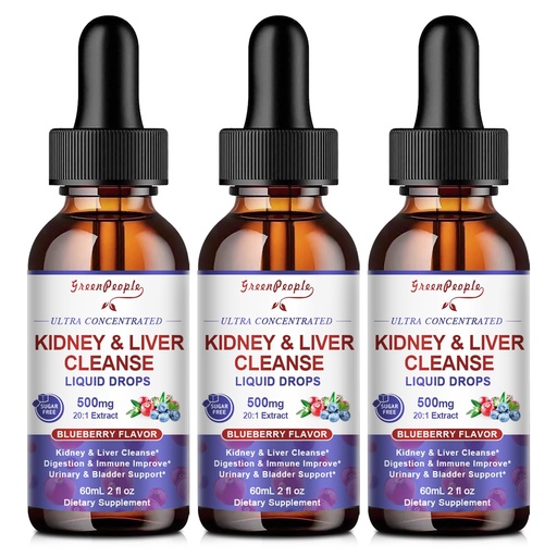 [BRSRAAICPMHQAYDP] GREENPEOPLE Kidney Cleanse Detox & Repair - 27-In-1 Kidney & Liver Drops with 20:1 Cranberry Extract & Chanca Piedra, Alcohol-Free Supplement for Urinary Tract & Liver Support (2 Oz 3 Pack, Blueberry)