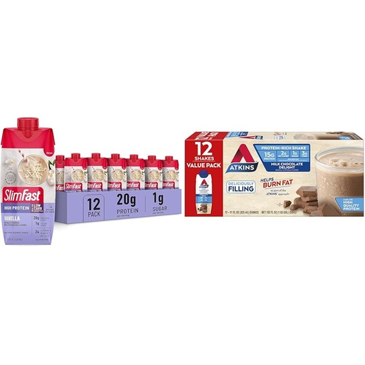 [BRSROBL3AR5B6DY3] SlimFast Protein Shake, Vanilla- 20g Protein, Meal Replacement Shake Ready to Drink & Atkins Milk Chocolate Delight Protein Shake, 15g Protein, Low Glycemic, 2g Net Carb, 1g Sugar