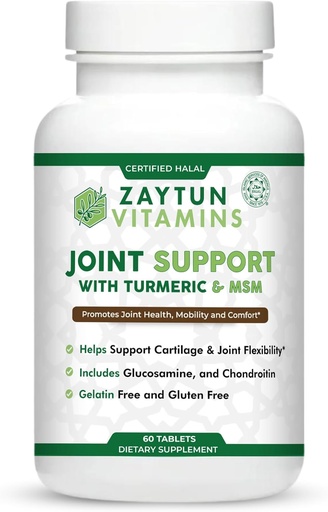 [BRSROCAEO5YWCFA4] Zaytun Halal Joint Support with Turmeric + Glucosamine, Promotes Joint Health, Flexibility and Supports Mobility, 1 Month Supply, No Gluten, No Gelatin, Made in USA - Halal Vitamins