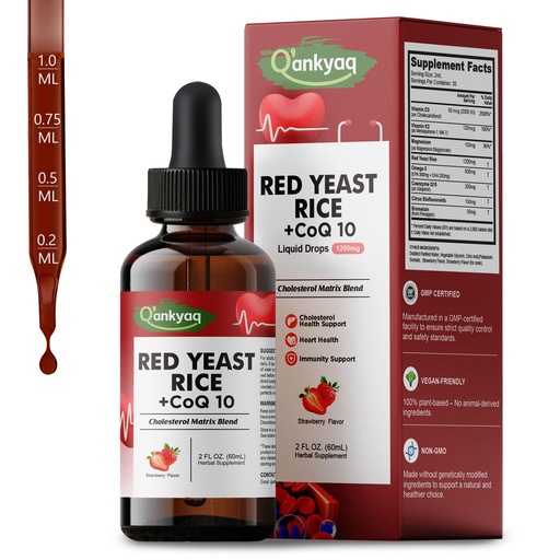 [BRSRGYD4AUARMYLB] Q'ankyaq Red Yeast Rice with CoQ10 Liquid, Omega-3, Citrus Bioflavonoids | Cholesterol & Heart* Support Supplements, 1200mg Red Yeast Rice Extract, Sugar Free, 60mL