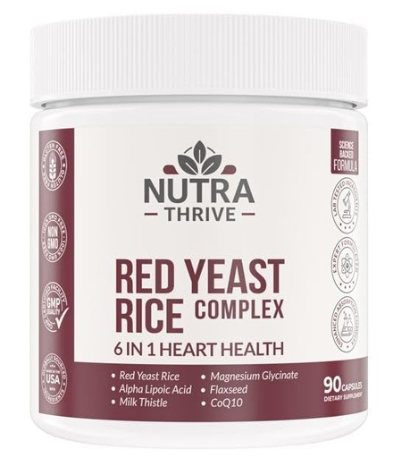 [BRSRGAA6CANWO2TV] Nutrathrive Red Yeast Rice Complex 6 in 1 with CoQ10, Magnesium Glycinate, ALA, Flaxseed & Milk Thistle Daily Support (90 Capsules)
