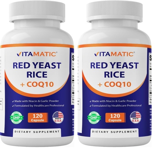 [BRSRGGQZAANAMCDZ] Vitamatic Citrinin-Free Red Yeast Rice 1200 mg. Capsules with CoQ10 100mg, Flush Free Niacin 100mg, & Garlic Powder 20mg - 120 Veg Capsules (Pack of 2)