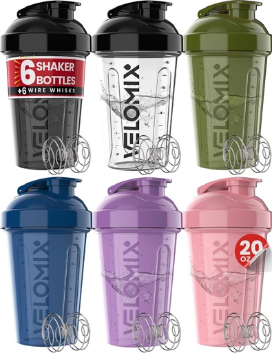 [BRSRACD6OANAI3AU] VELOMIX -6 PACK- 20 oz Protein Shaker Bottle for Protein Mixes - 6x Wire Whisk | Leak Proof Shaker Cups for Protein Shakes| Stackable Protein Shaker Bottle Pack | Dishwasher Safe (Muted Contrast)