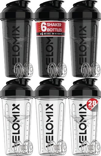 [BRSREYAQDN5GAHTA] VELOMIX -6 PACK- 28 oz Protein Shaker Bottle for Protein Mixes -6x Wire Whisk | Leak Proof Shaker Cups for Protein Shakes | Large, Stackable Protein Shaker Bottle Pack (Blacks and Transparents)