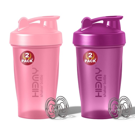 [BRSRECYECR6RA33V] [ 2 Pack 400 ml / 12 OZ Protein Shaker Bottles for Protein Mixes, 2 x Whisk Ball | Shaker Cups for Protein Shakes | BPA Free, 100% Leak Proof, No Smell | Small Shake Bottle (H) Pink/Purple