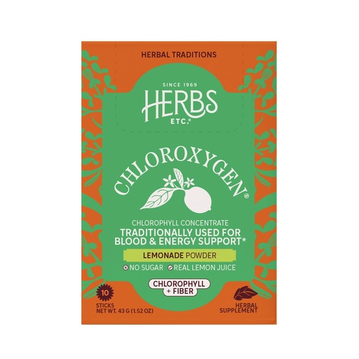 [BRSRGFT3A4NRE2AU] Herbs Etc. ChlorOxygen Lemonade Powder Stick 50mg of Chlorophyll and 3g of Fiber 10ct No Sugar