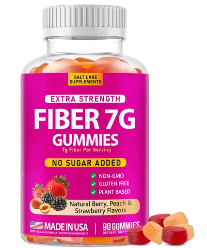 [BRSRGAQ2CAIWAELA] Extra Strength Fiber Gummies 7g Per Serving – Sugar Free, Plant Based Prebiotic Fiber Supplement – Digestive & Gut Health Support – Natural Berry, Peach & Strawberry Flavors – 90 Gummies