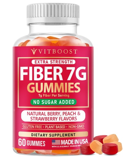 [BRSRGCYEDIMWOHTH] VITBOOST Prebiotic Fiber Gummies 7g – 60 Count – No Sugar Added, Vegan, Pectin-Based (No Gelatin), Non-GMO, Made in USA – Digestive & Gut Health Support