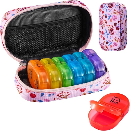 [BRSROZAOB4NGGYI2] Serfeymi Weekly Travel Pill Organizer 2 Times A Day AM PM Upgraded Rainbow Pill Box 7 Day with Portable Zipper Canvas Pill Case, Medicine Organizer for Pills, Vitamins, Fish Oils - Pink 01