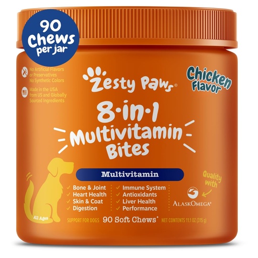 [BRSWGY33OIFWY2QU] Zesty Paws Dog Multivitamin, Chewable Dog Vitamins and Supplements for Hip & Joints, Skin & Coat, Omega 3 Fish Oil for Dogs- Senior & Puppy Multivitamin- Chicken- 90ct