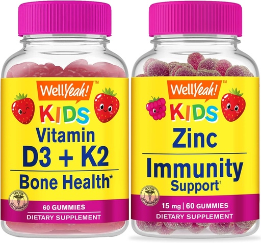 [BRSROBLROEJQ2YAU] WellYeah Vitamin D3 + K2 Kids + Zink Kids 15mg, Gummies Bundle - Great Tasting, Vitamin Supplement, Gluten Free, GMO Free, Chewable Gummy