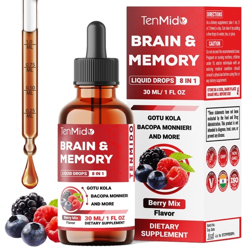 [BRSREGA2OQFWA2AV] 8in1 Brain Health Support Liquid with Gotu Kola, Bacopa, Skullcap, Panax Ginseng, Ginkgo Biloba, Sage Leaf, Holy Basil and Rosemary - 30ml 1 Fl Oz