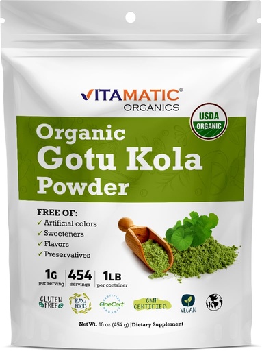 [BRSRMZYKCF5RQDY6] Vitamatic Certified USDA Organic Gotu Kola Powder – 1 Pound (16 Ounces) – Natural Brain & Circulatory Support – Non-GMO & Gluten-Free