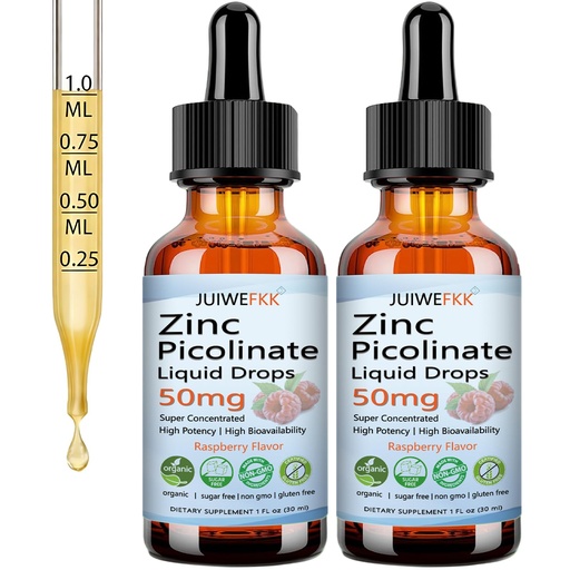 [BRSRGEIFOUMAMCTB] 2 Pack Zinc Picolinate 50mg Liquid Drops, Chelated Zinc Supplements for Men Women Kids Support Immune Skin Eye Health & Enzyme Function, Liquid Zinc Raspberry Flavor, Vegan Non GMO Gluten Free