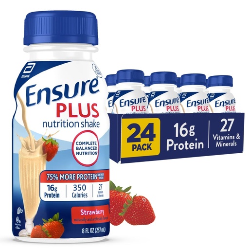 [BRSWIYQICEMR63TK] Ensure Plus Strawberry Nutrition Shake | Meal Replacement Shake | Ready To Drink | 16g Protein and 27 Vitamins and Minerals | 8 fl oz - 24 Pack