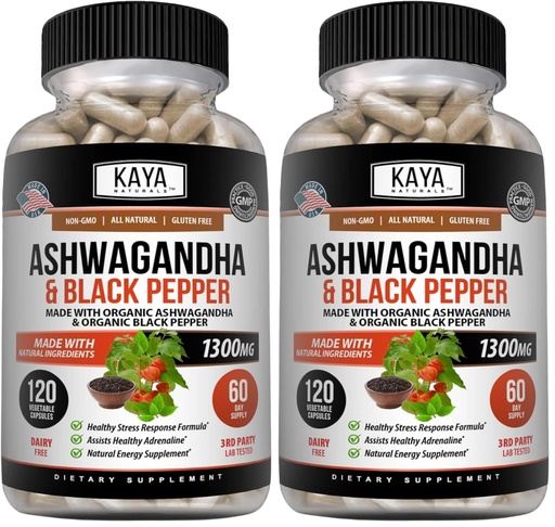 [BRSREAACCUIRQ3YV] Kaya Naturals Ashwagandha 1300mg, 120 Count Capsules for Stress Relief, Adrenal, Mood & Thyroid Support, Black Pepper and 100% Pure Ashwagandha -120 Capsules (Pack of 2)