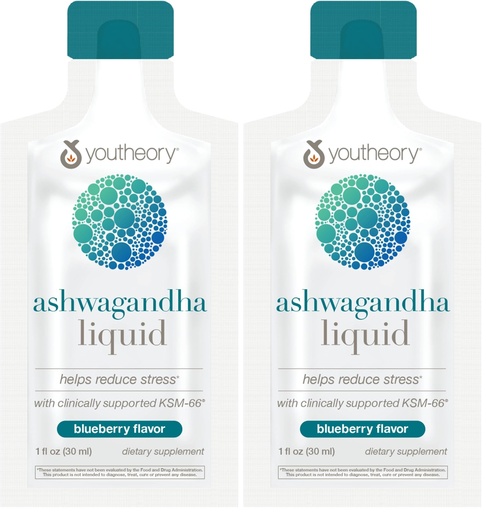 [BRSREAQROEIWMAY3] Youtheory Ashwagandha Liquid - Uses KSM-66 - Ashwagandha Supplement to Support Stress Relief* - Vegan - Dairy, Soy & Gluten Free - 12 Single-Serving Packets (Pack of 2)