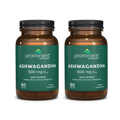 [BRSREA36PMHQMYL2] Prominent Nutrition Ashwagandha Supplement - Clinically Researched Shagandha Root Extract for Healthy Mood & Stress Support, Standardized to 2.5% Withanolides, 500 mg, 60 Vegan Capsules - 2 Pack
