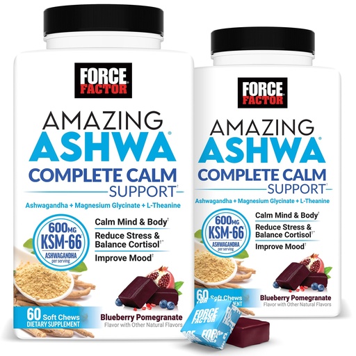 [BRSREEANA5YRYD3A] Force Factor Amazing Ashwa Complete Calm Support, KSM-66 Ashwagandha, Like Ashwangandha Gummies to Promote Calm & Relaxation with Magnesium & L-Theanine, Blueberry Pomegranate, 120 Soft Chews, 2-Pack
