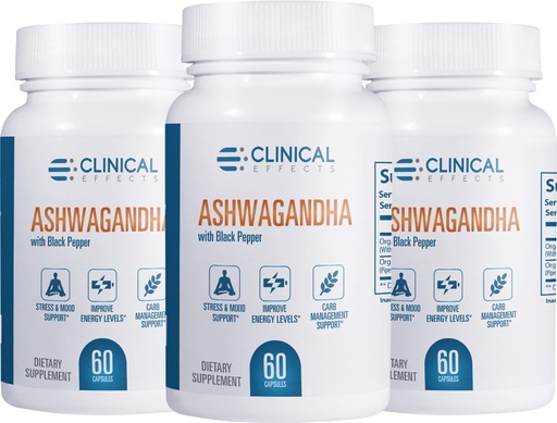 [BRSW2CAYAECGGH36] Clinical Effects Ashwagandha with Black Pepper for Stamina and Calm - 3 Pack, 180 Ashwagandha Capsules - Made in the USA